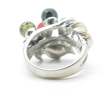 925 Sterling Silver 2-Tone C Z & Multi-Color Crystal Ball Beaded Ring Size 6.5