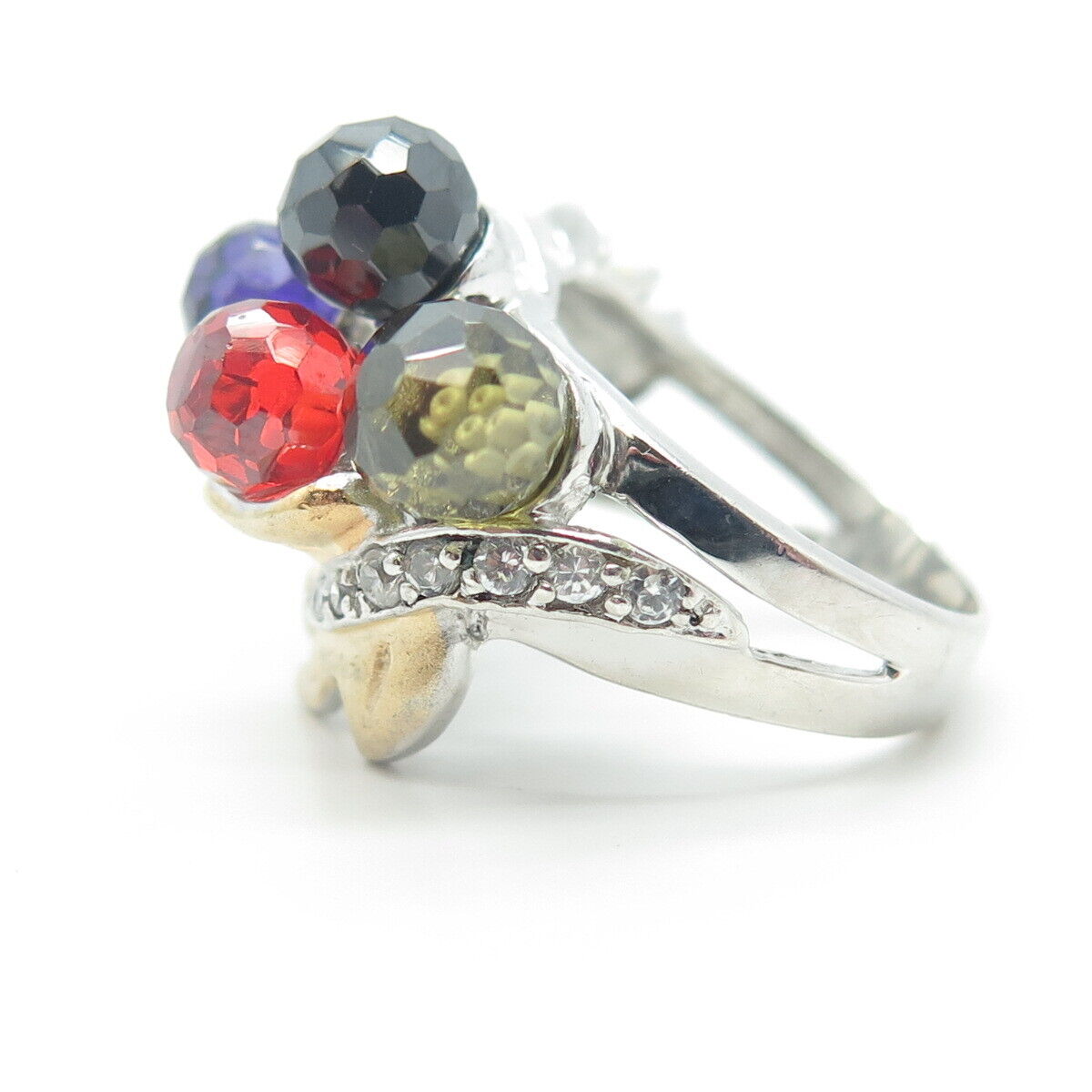 925 Sterling Silver 2-Tone C Z & Multi-Color Crystal Ball Beaded Ring Size 6.5