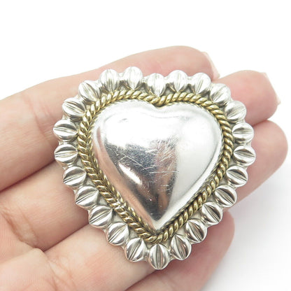 925 Sterling Silver 2-Tone Vintage Mexico Puffy Heart Pendant Pin Brooch