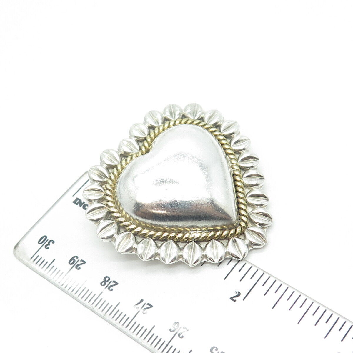 925 Sterling Silver 2-Tone Vintage Mexico Puffy Heart Pendant Pin Brooch