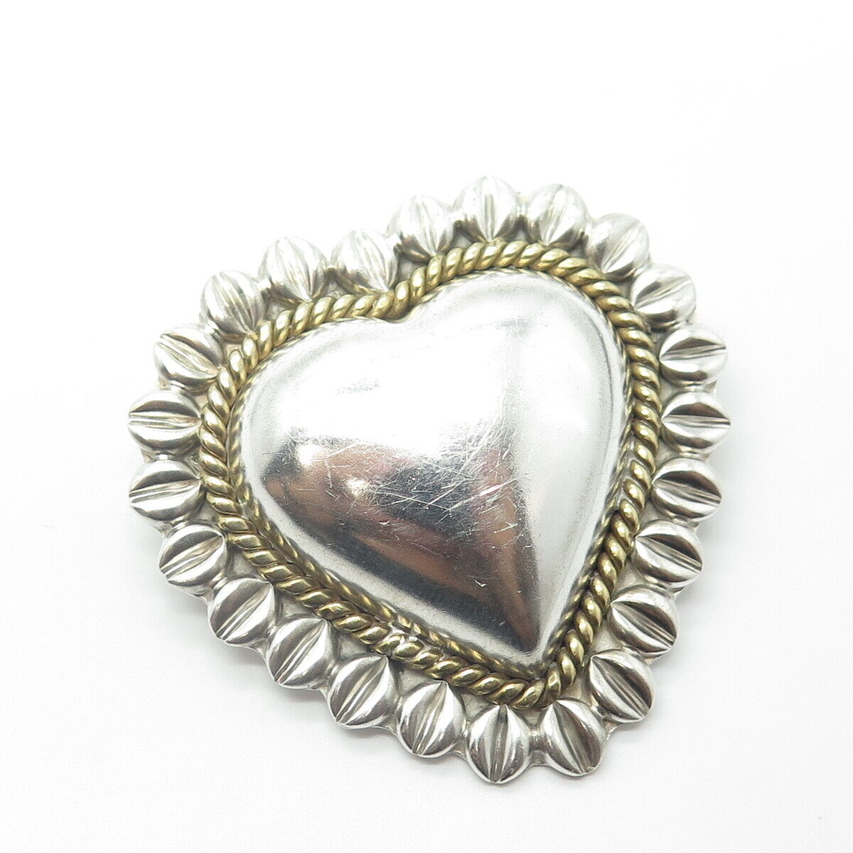 925 Sterling Silver 2-Tone Vintage Mexico Puffy Heart Pendant Pin Brooch