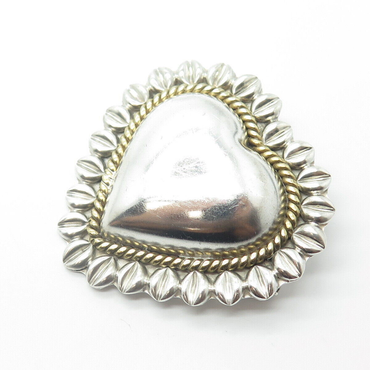 925 Sterling Silver 2-Tone Vintage Mexico Puffy Heart Pendant Pin Brooch