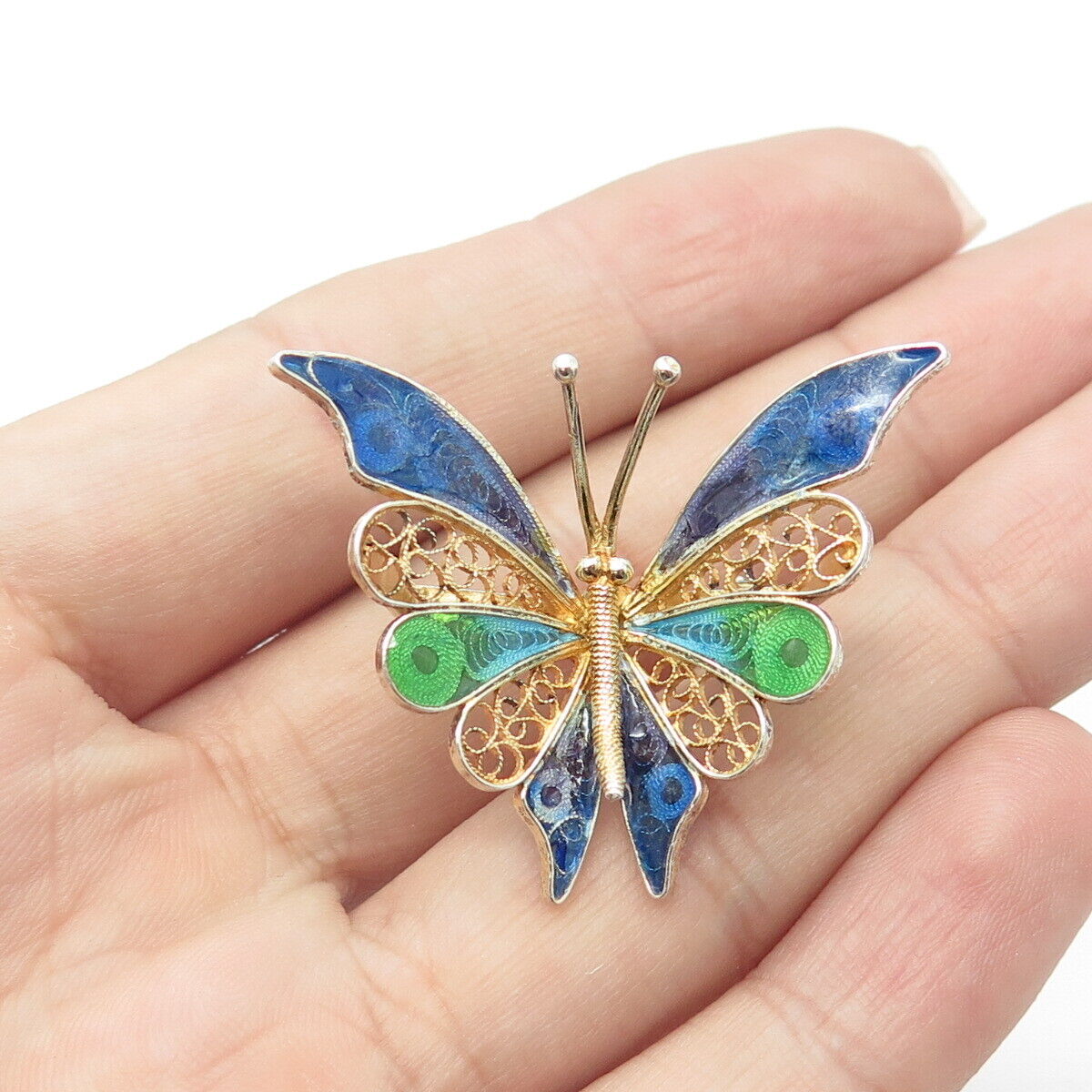 800 Silver Gold Plated Vintage Italy Enamel Butterfly Filigree Pin Brooch