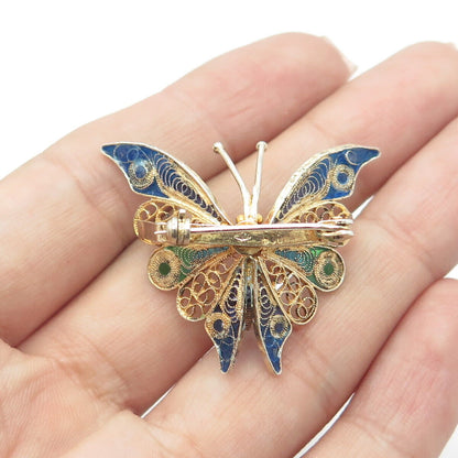 800 Silver Gold Plated Vintage Italy Enamel Butterfly Filigree Pin Brooch