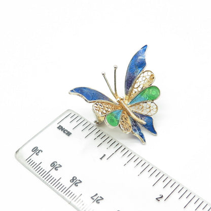 800 Silver Gold Plated Vintage Italy Enamel Butterfly Filigree Pin Brooch