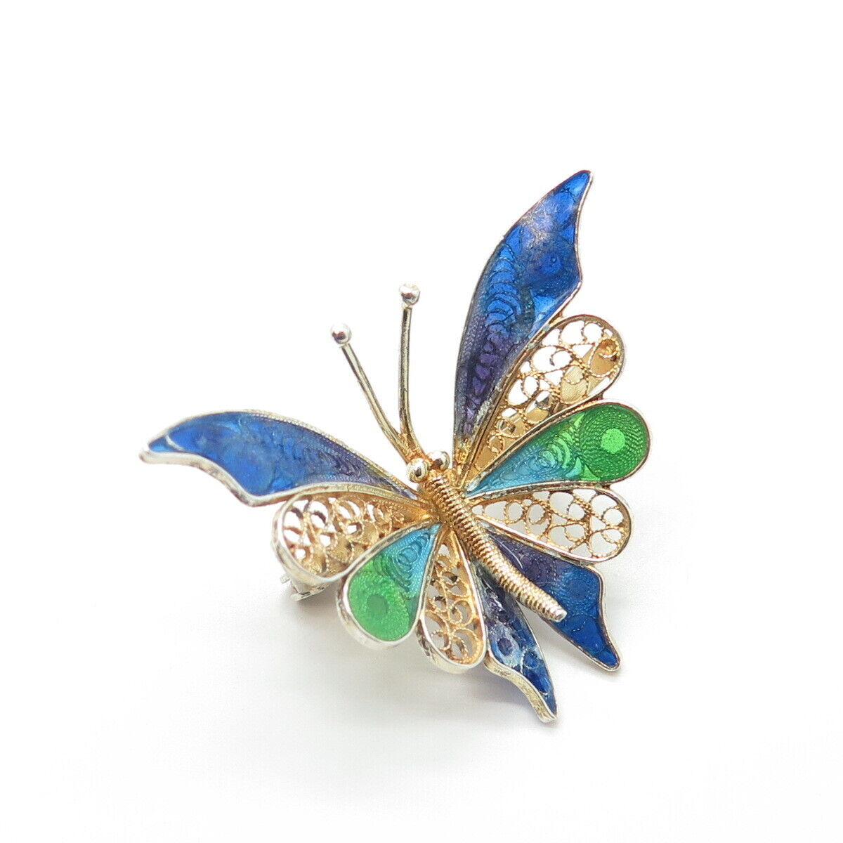 800 Silver Gold Plated Vintage Italy Enamel Butterfly Filigree Pin Brooch