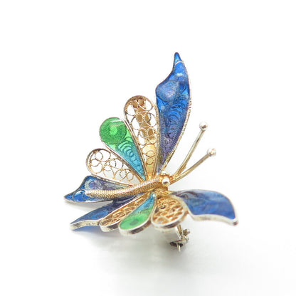 800 Silver Gold Plated Vintage Italy Enamel Butterfly Filigree Pin Brooch