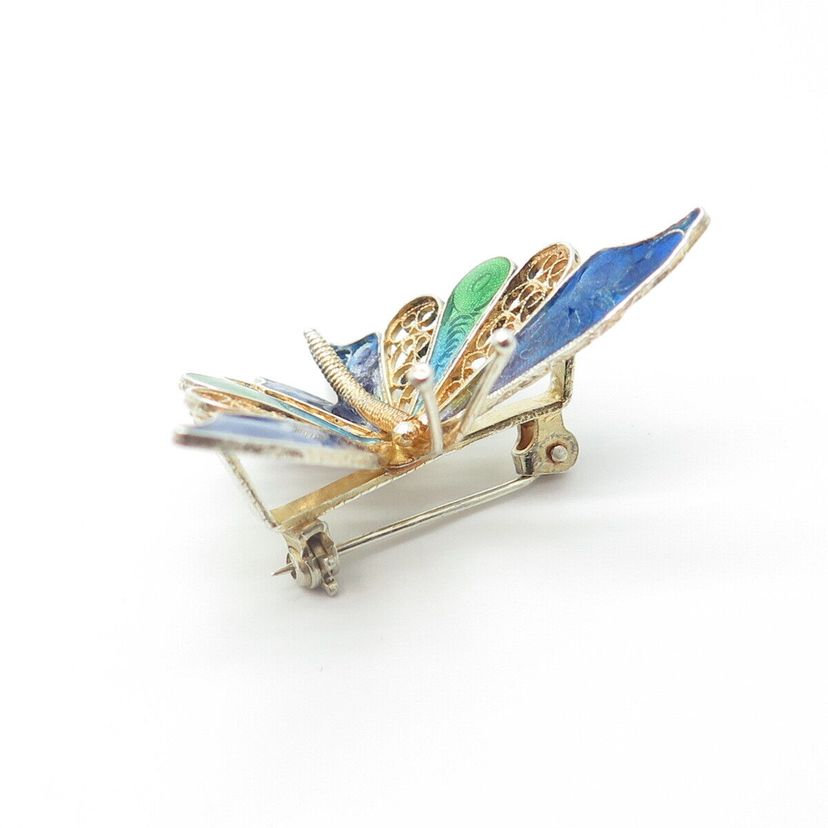 800 Silver Gold Plated Vintage Italy Enamel Butterfly Filigree Pin Brooch