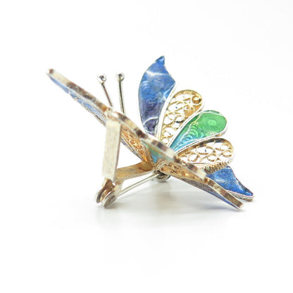 800 Silver Gold Plated Vintage Italy Enamel Butterfly Filigree Pin Brooch