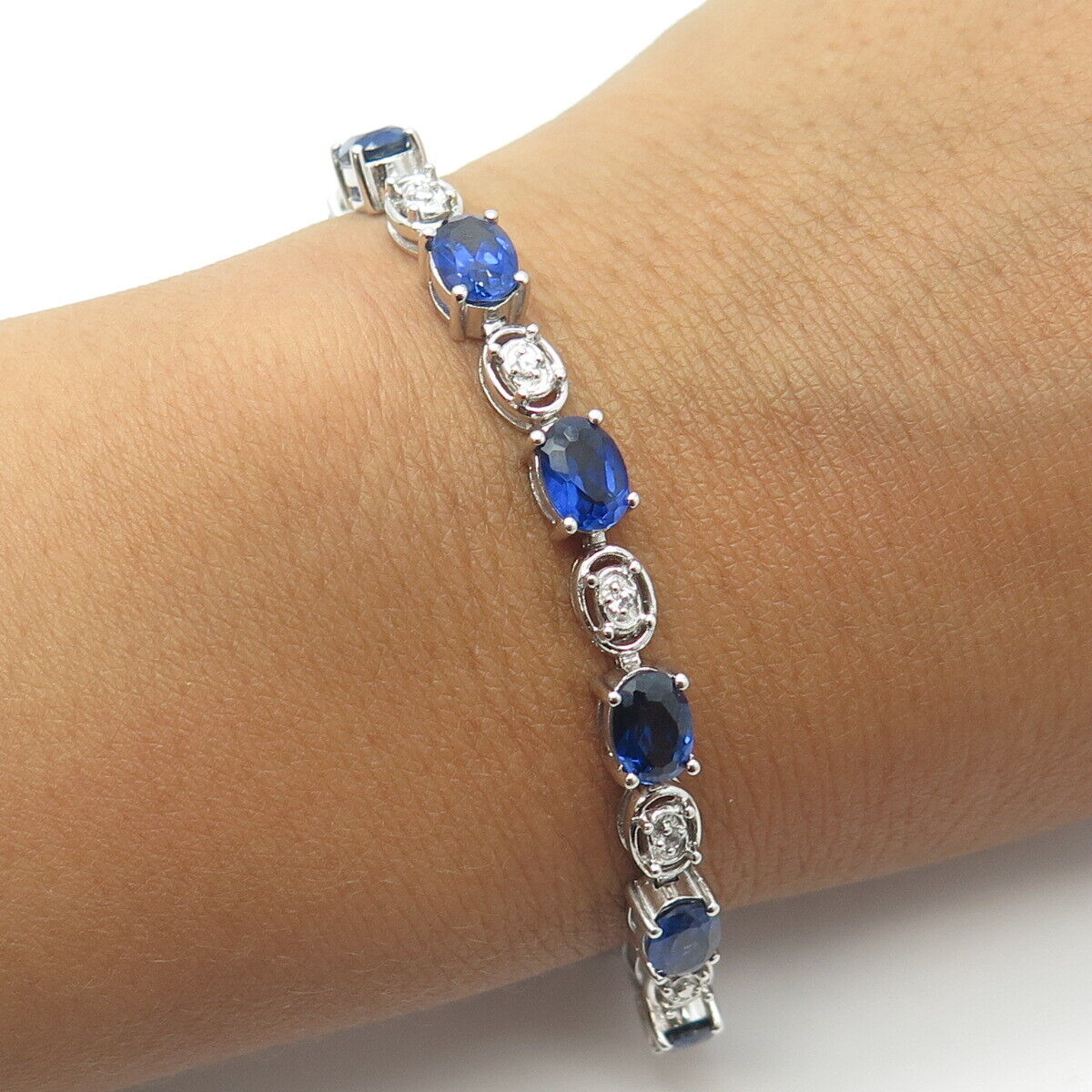 925 Sterling Silver  Lab-Created Sapphire & White Topaz Tennis Link Bracelet 7"