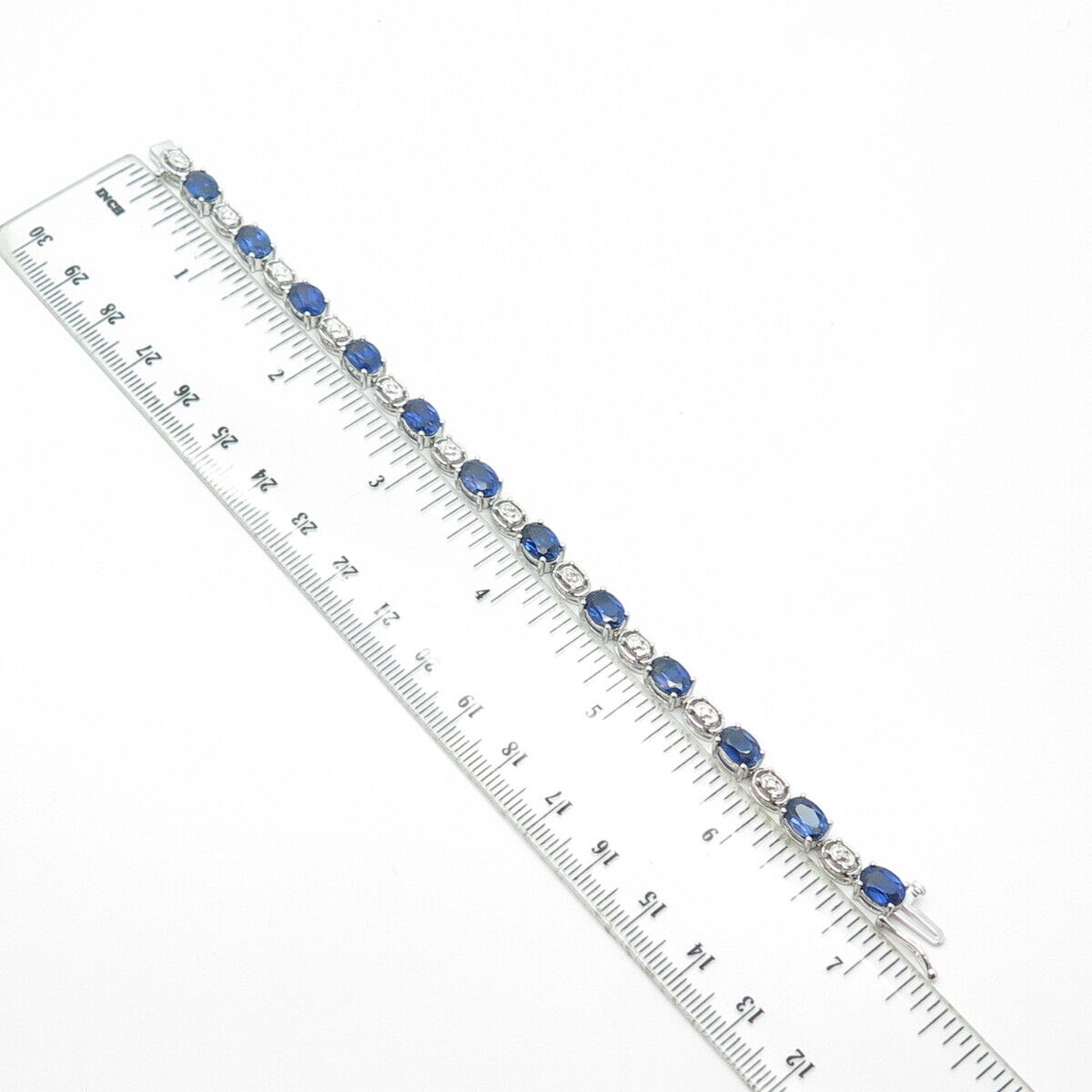 925 Sterling Silver  Lab-Created Sapphire & White Topaz Tennis Link Bracelet 7"