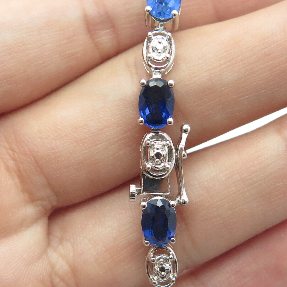 925 Sterling Silver  Lab-Created Sapphire & White Topaz Tennis Link Bracelet 7"