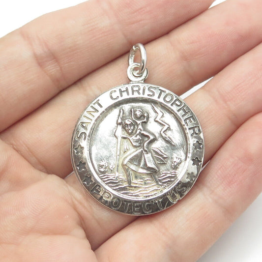 925 Sterling Silver Antique St. Christopher Round Medal Religious Pendant