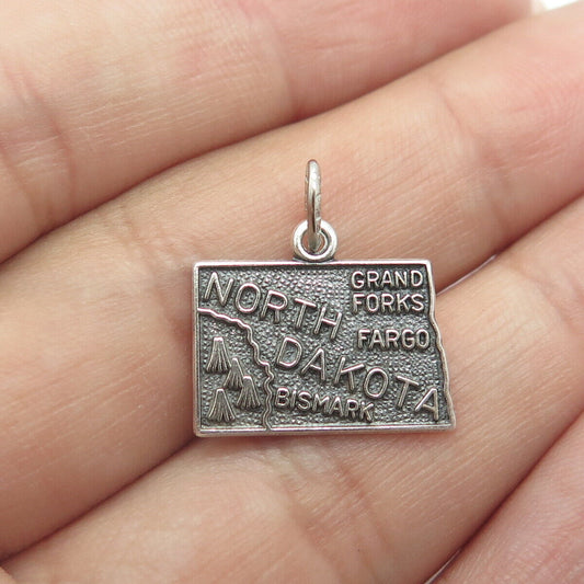 925 Sterling Silver Vintage Beau North Dakota State Oxidized Charm Pendant