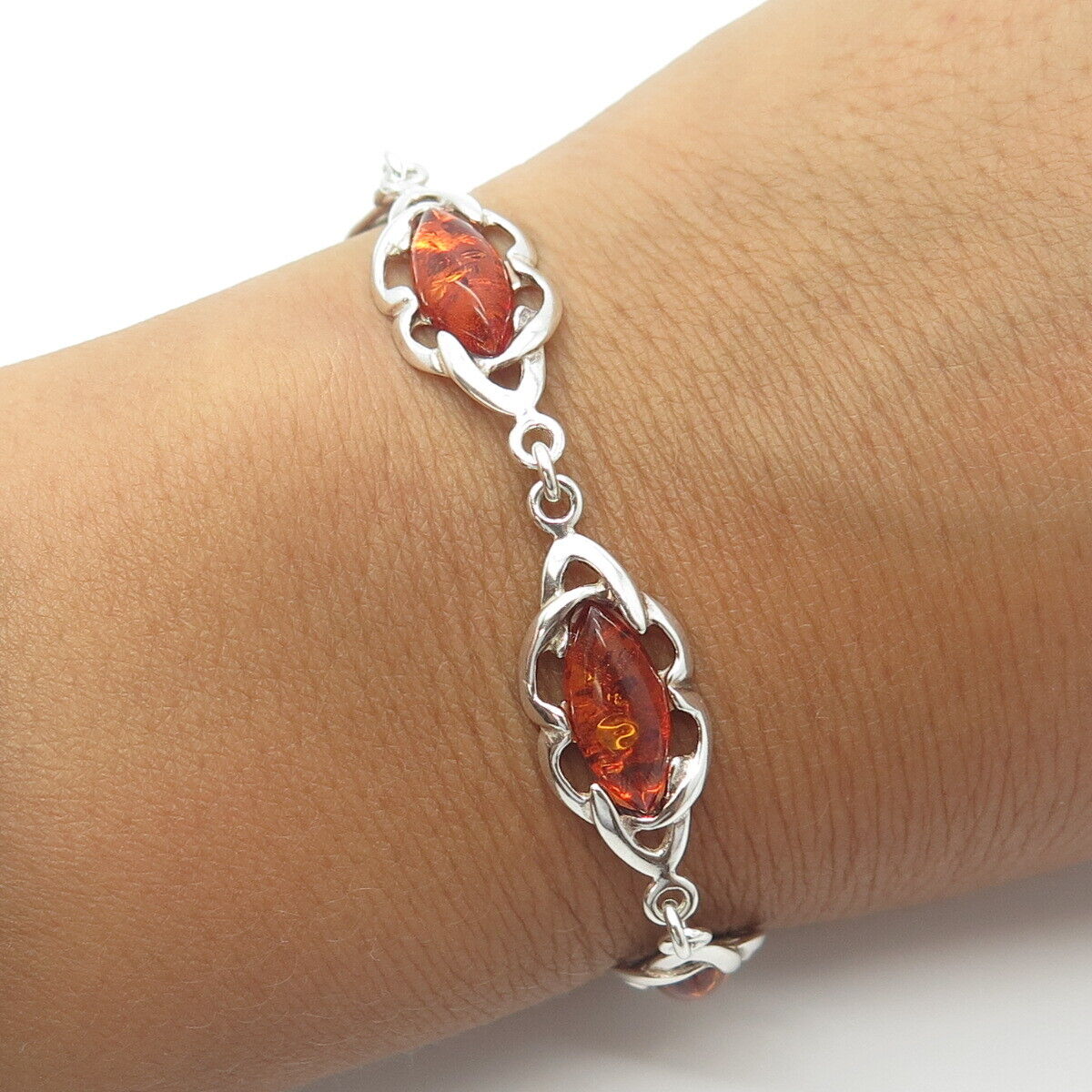 925 Sterling Silver Vintage Marquise-Cut Amber Cable Panel Link Bracelet 7.25"