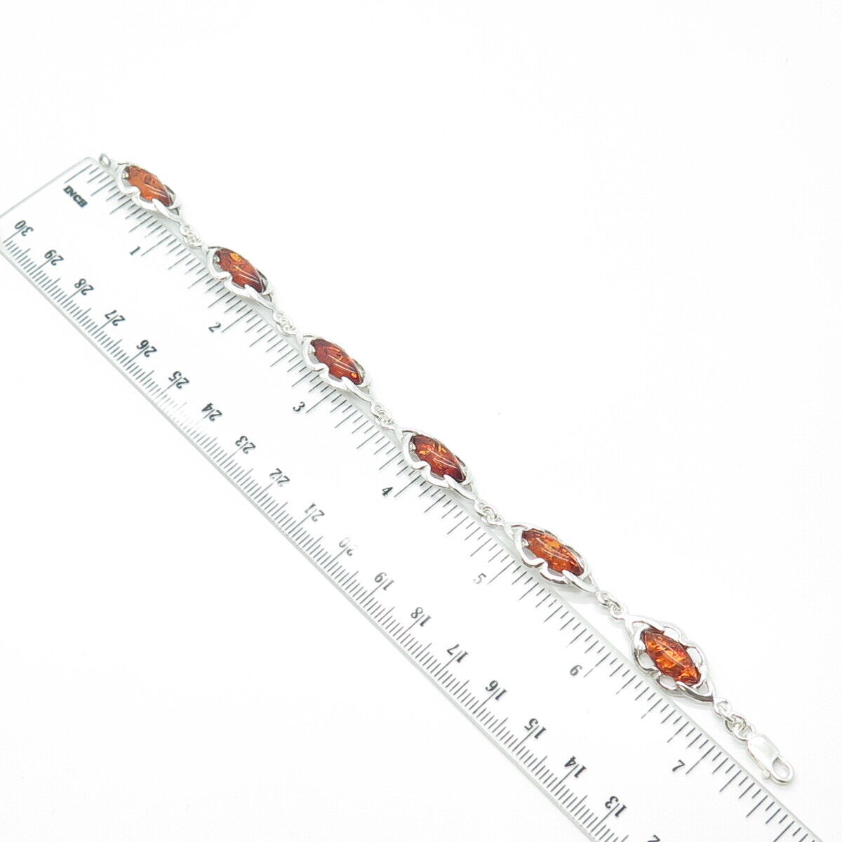 925 Sterling Silver Vintage Marquise-Cut Amber Cable Panel Link Bracelet 7.25"