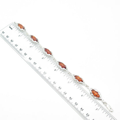 925 Sterling Silver Vintage Marquise-Cut Amber Cable Panel Link Bracelet 7.25"