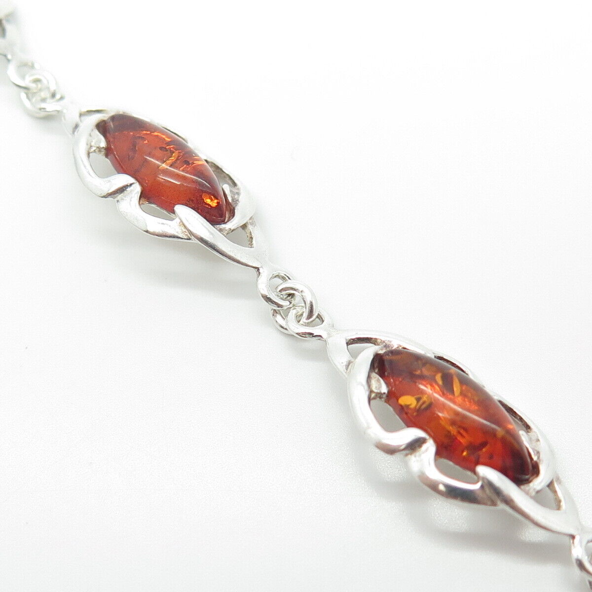 925 Sterling Silver Vintage Marquise-Cut Amber Cable Panel Link Bracelet 7.25"