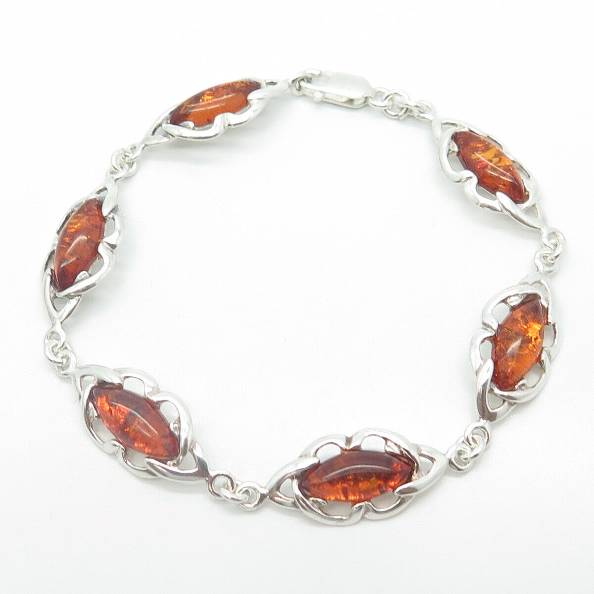 925 Sterling Silver Vintage Marquise-Cut Amber Cable Panel Link Bracelet 7.25"