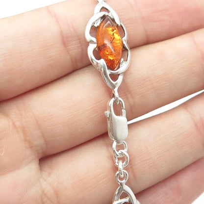 925 Sterling Silver Vintage Marquise-Cut Amber Cable Panel Link Bracelet 7.25"