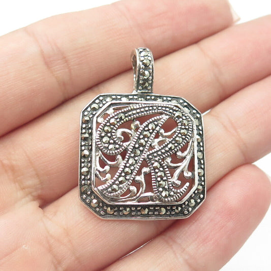 925 Sterling Silver Vintage Real Marcasite Textured Letter "R" Doted Pendant