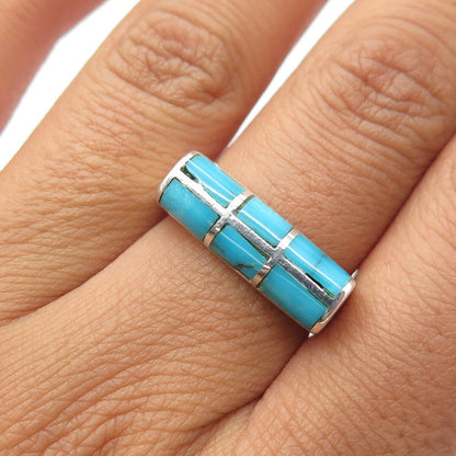 925 Sterling Silver Vintage Real Turquoise Gemstone Bar Ring Size 7