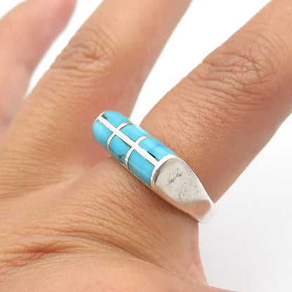 925 Sterling Silver Vintage Real Turquoise Gemstone Bar Ring Size 7