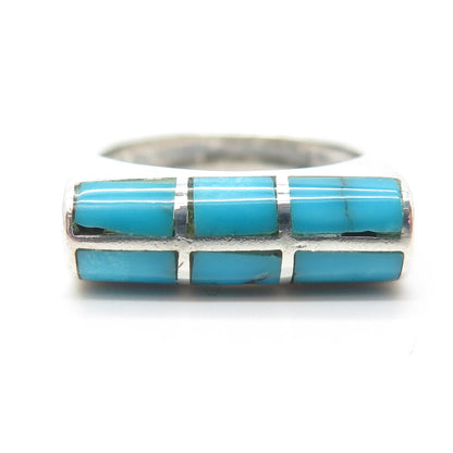 925 Sterling Silver Vintage Real Turquoise Gemstone Bar Ring Size 7