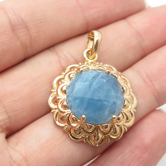 925 Sterling Silver Gold Plated Real Aquamarine Gemstone Ornate Pendant