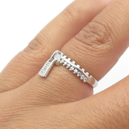 925 Sterling Silver White C Z Zipper Half-Eternity Charm Ring Size 5.25