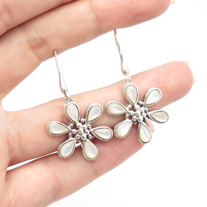 925 Sterling Silver Vintage Real Mother Of Pearl Floral Dangling Drop Earrings