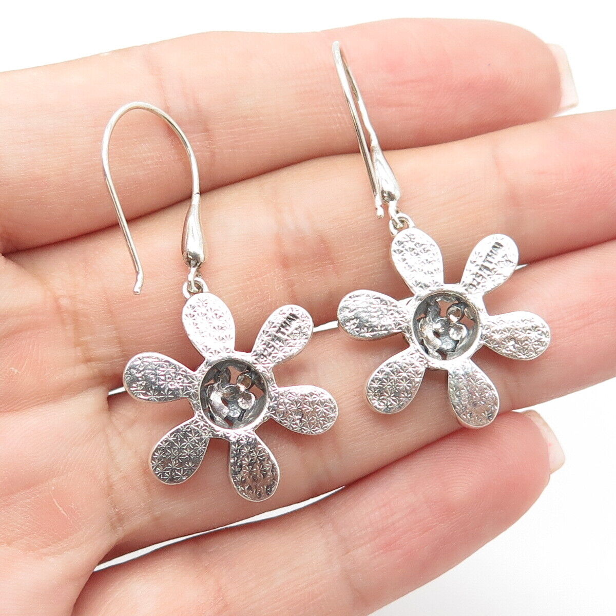 925 Sterling Silver Vintage Real Mother Of Pearl Floral Dangling Drop Earrings