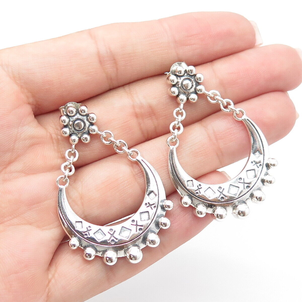 925 Sterling Silver Beaded Ethnic Dangling Earrings