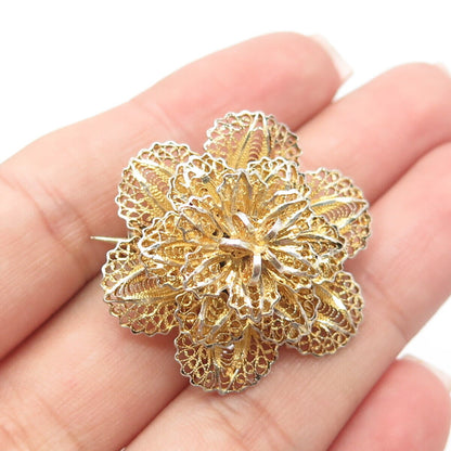 800 Silver Gold Plated Antique Art Deco Filigree Floral Pin Brooch