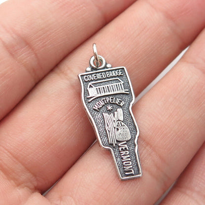 925 Sterling Silver Vintage Covered Bridge Montpelier Vermont State Map Pendant