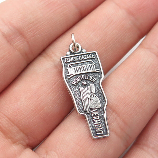 925 Sterling Silver Vintage Covered Bridge Montpelier Vermont State Map Pendant