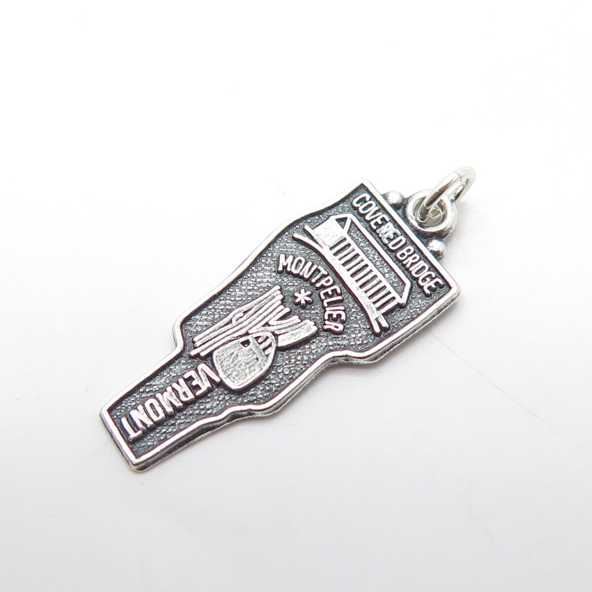 925 Sterling Silver Vintage Covered Bridge Montpelier Vermont State Map Pendant