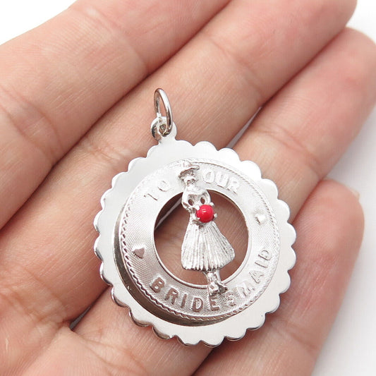 925 Sterling Silver Vintage M&M Real Coral "To Our Bridesmaid" Round Pendant