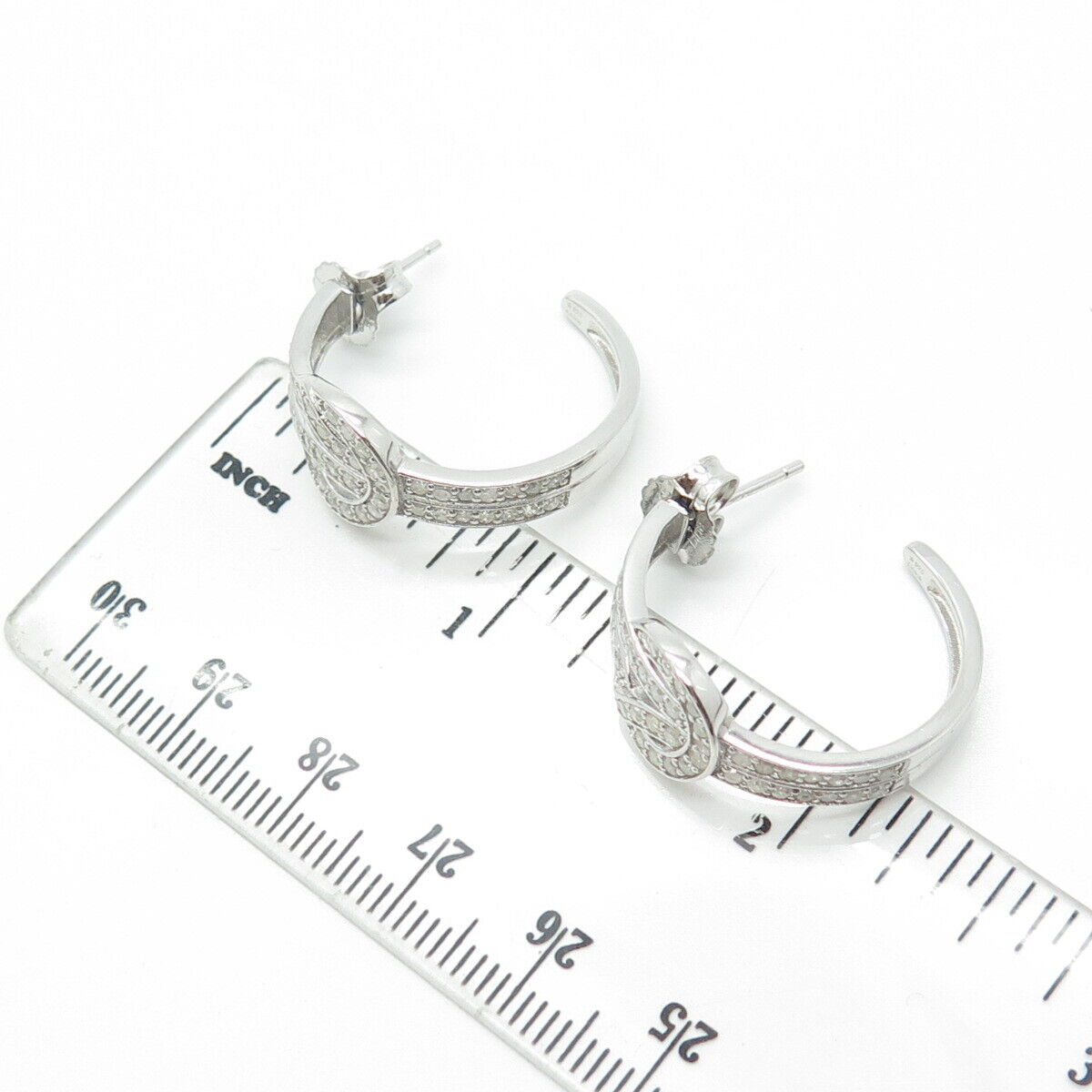 925 Sterling Silver Real White Diamond Hook & Eye Half-Hoop Drop Earrings