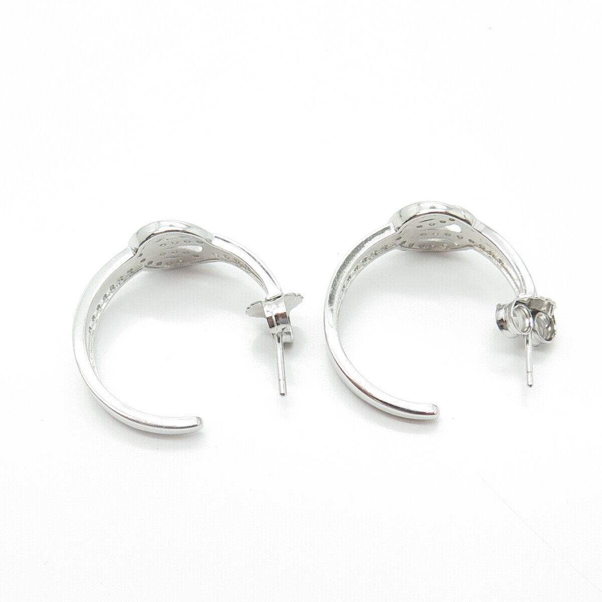 925 Sterling Silver Real White Diamond Hook & Eye Half-Hoop Drop Earrings