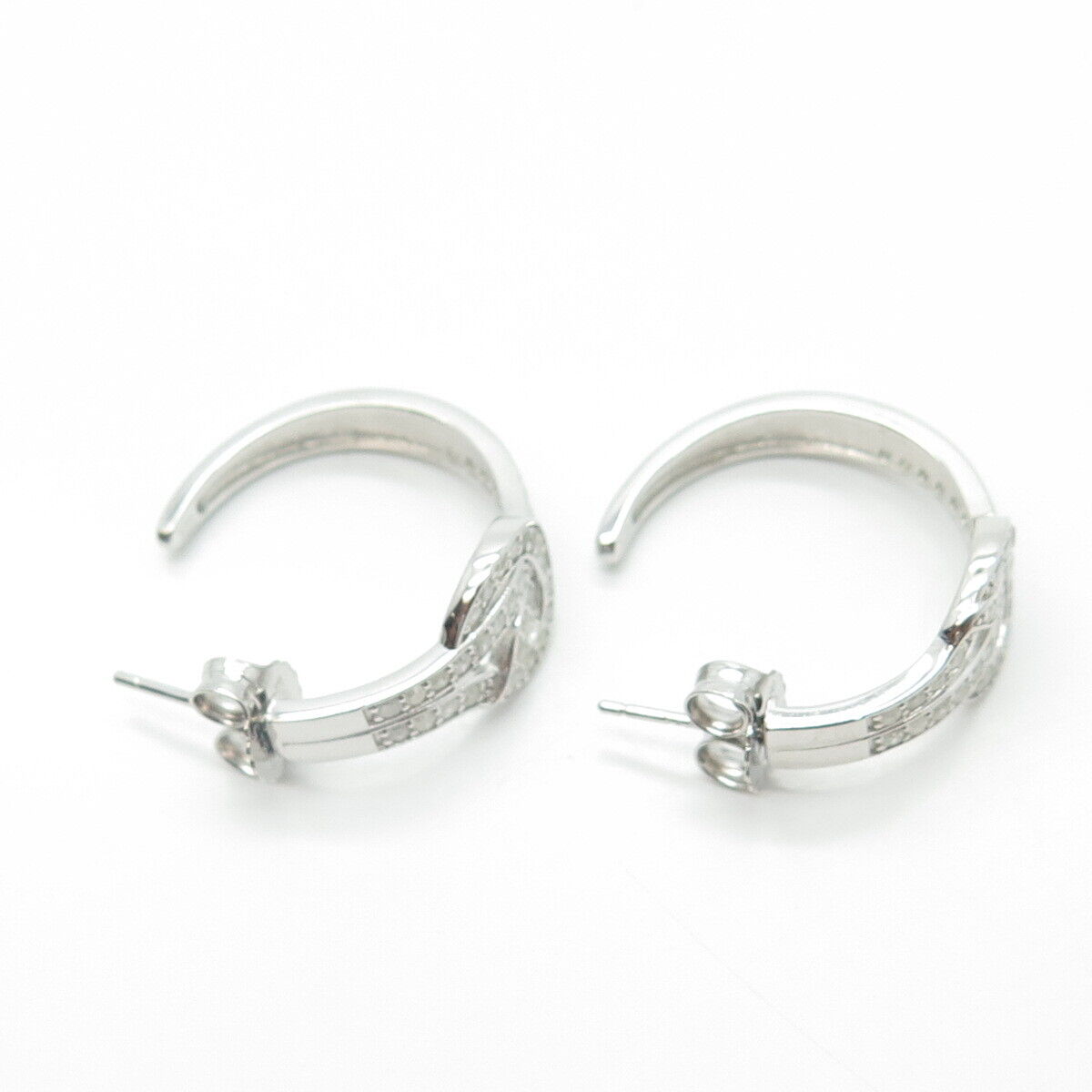 925 Sterling Silver Real White Diamond Hook & Eye Half-Hoop Drop Earrings