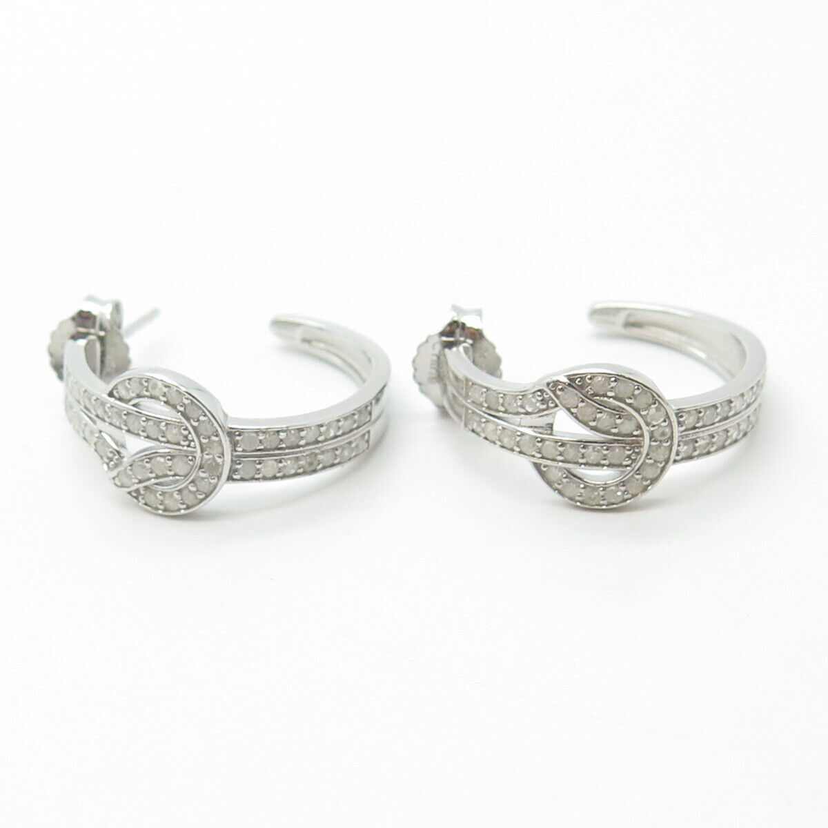 925 Sterling Silver Real White Diamond Hook & Eye Half-Hoop Drop Earrings