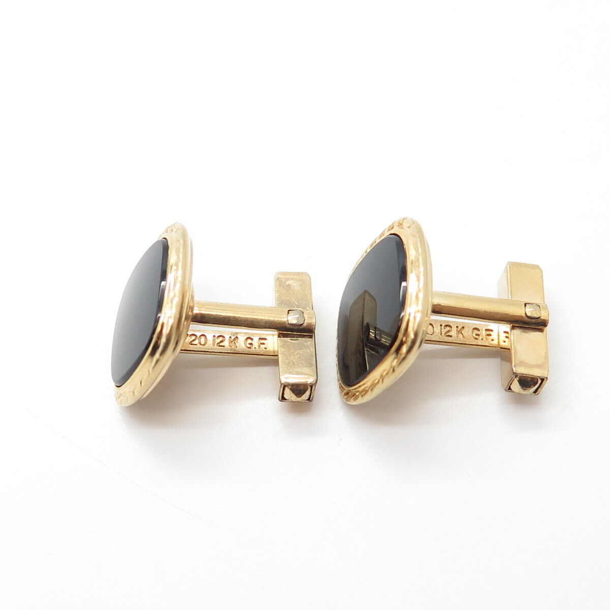 1/20 12K Gold Filled Antique Art Deco Anson Black Onyx Bullet Back Cufflinks