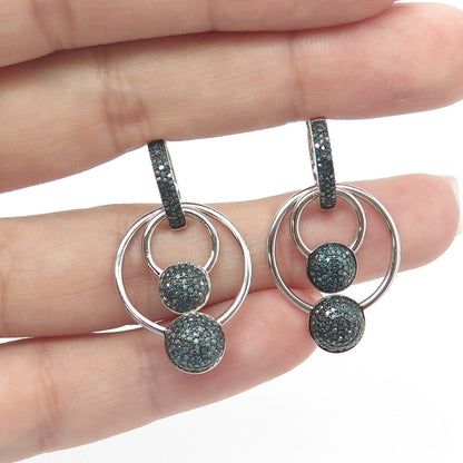 925 Sterling Silver Real Fancy Blue Diamond Cluster Round Dangling Drop Earrings