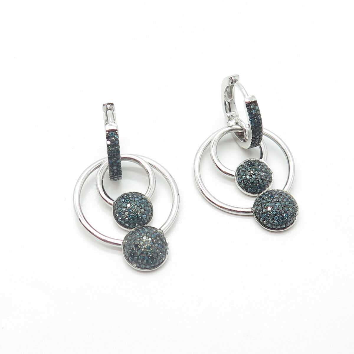 925 Sterling Silver Real Fancy Blue Diamond Cluster Round Dangling Drop Earrings