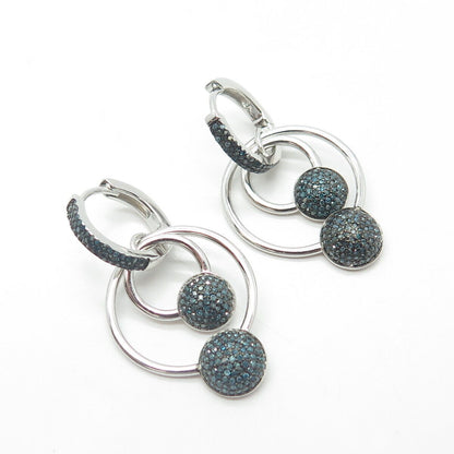 925 Sterling Silver Real Fancy Blue Diamond Cluster Round Dangling Drop Earrings