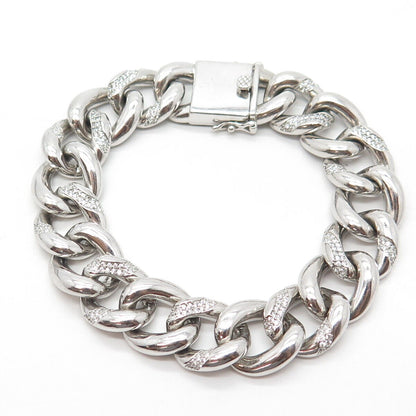 925 Sterling Silver Pave C Z Cuban Link Bracelet 7.75"