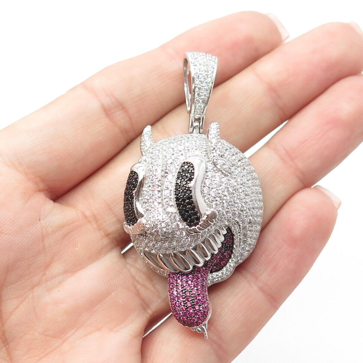 925 Sterling Silver REL Black Spinel Gem Lab Pink Sapphire C Z Cartoon Pendant