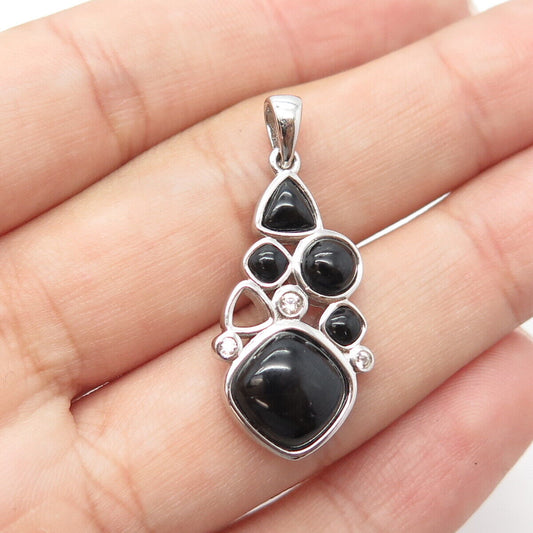 925 Sterling Silver Real Black Onyx & White Topaz Cluster Pendant