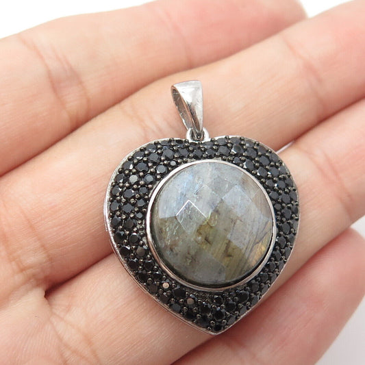 925 Sterling Silver Real Labradorite & Black Spinel Heart Pendant